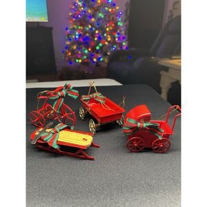 Vintage 1981 Red Metal Ornaments Buggy, Trike, Sled & Wagon. Enesco New in Box!